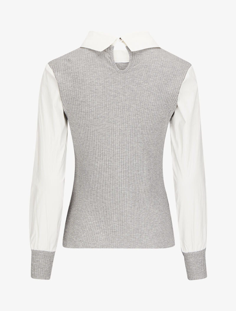 Top côtelé à col et manches style chemise - Gris - 2