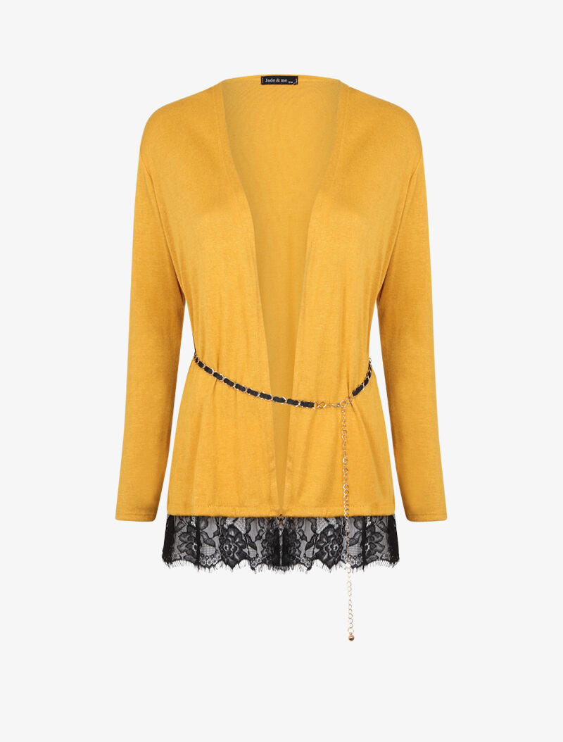 Gilet en maille fine à bords en dentelle - Jaune - 1