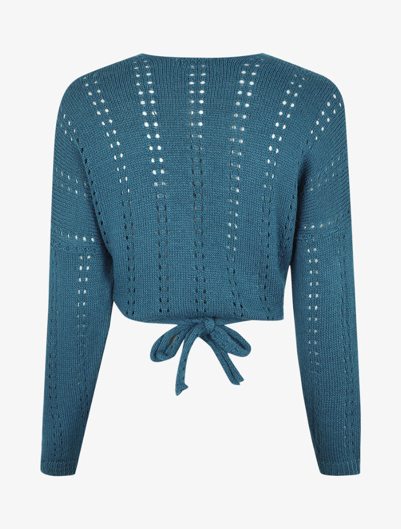 Gilet cache-coeur court en maille ajourée - Bleu - 2