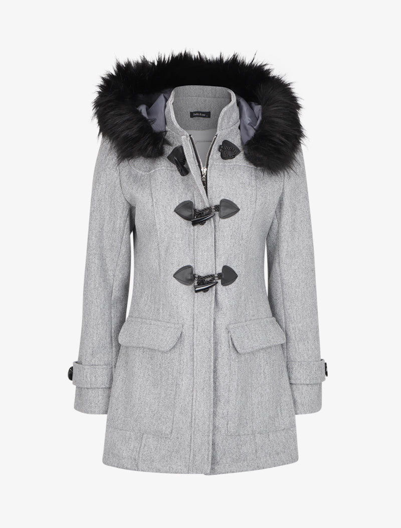 Duffle coat à capuche en fausse fourrure - Gris clair - 1