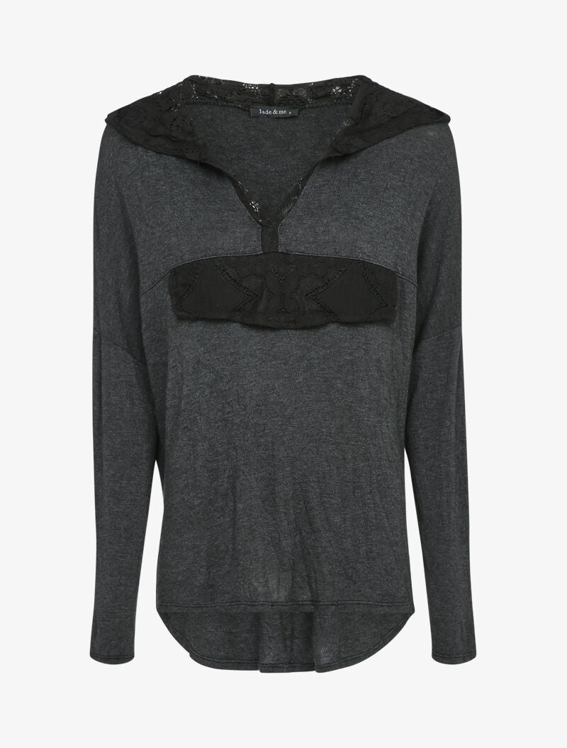 Pull fin à capuche et rabat décoratif en dentelle - Anthracite - 4