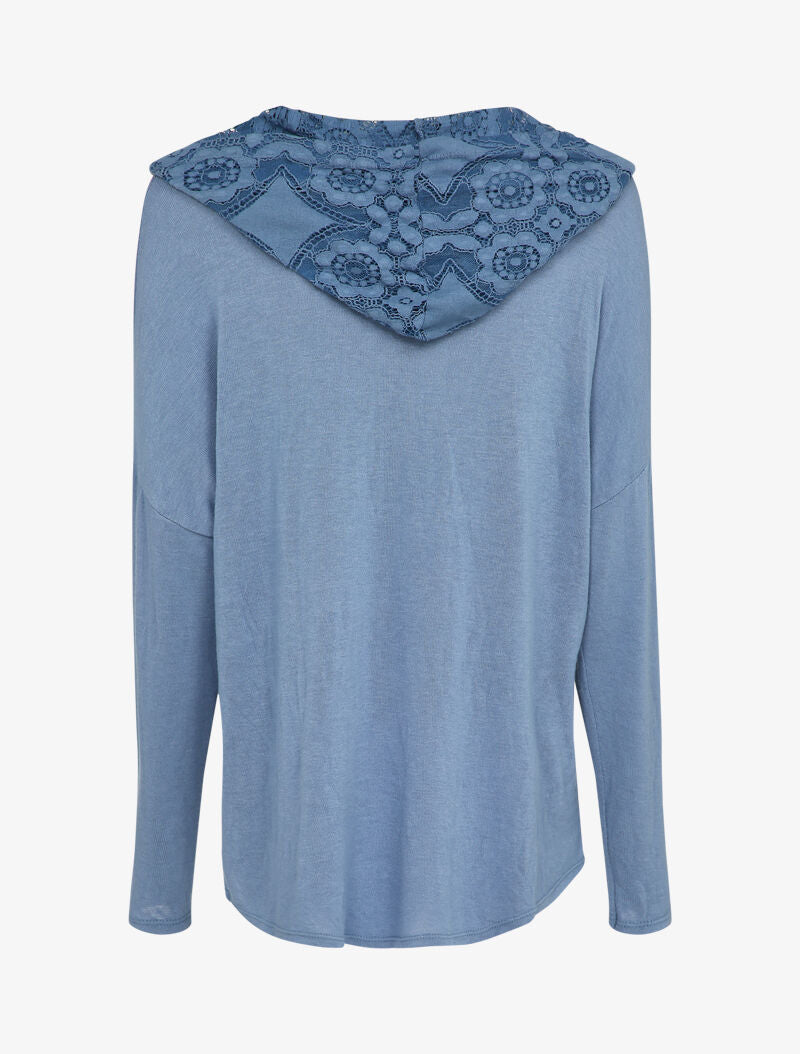 Pull fin à capuche et rabat décoratif en dentelle - Bleu clair - 2