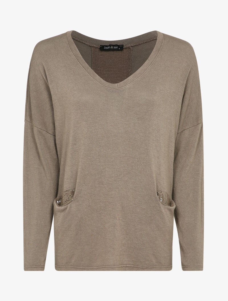 Pull fluide à poches et dos à détail sequins - Taupe - 4
