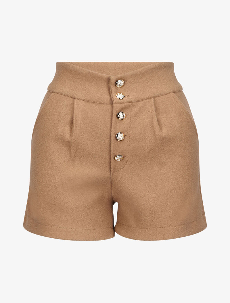 Mini short taille haute à boutons dorés - Camel - 1