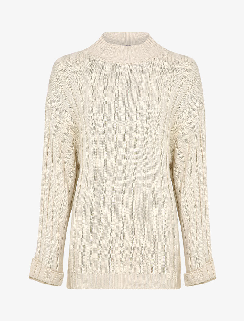 Pull oversize côtelé à manches à revers - Beige - 4
