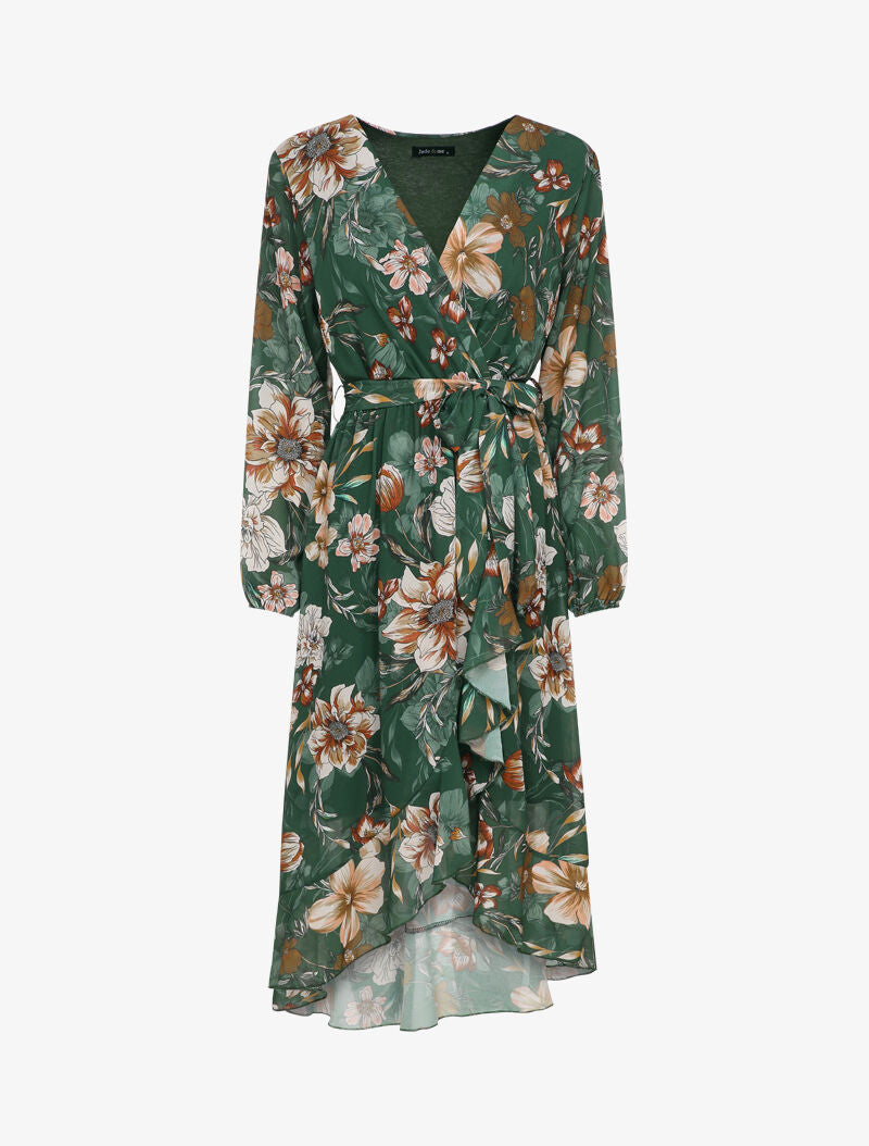 Robe cache-coeur imprimé orchidées à bords volantés - Vert émeraude - 1