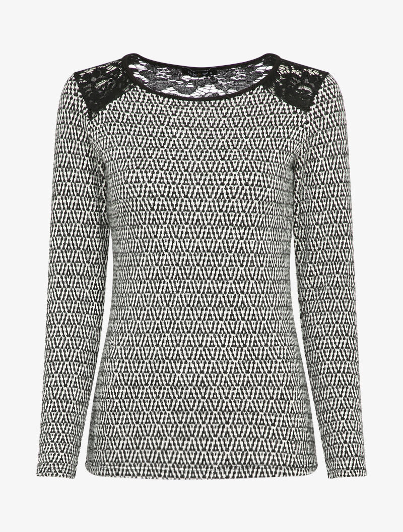 Pull à empiècement dentelle et motif géométrique - Noir/blanc - 4