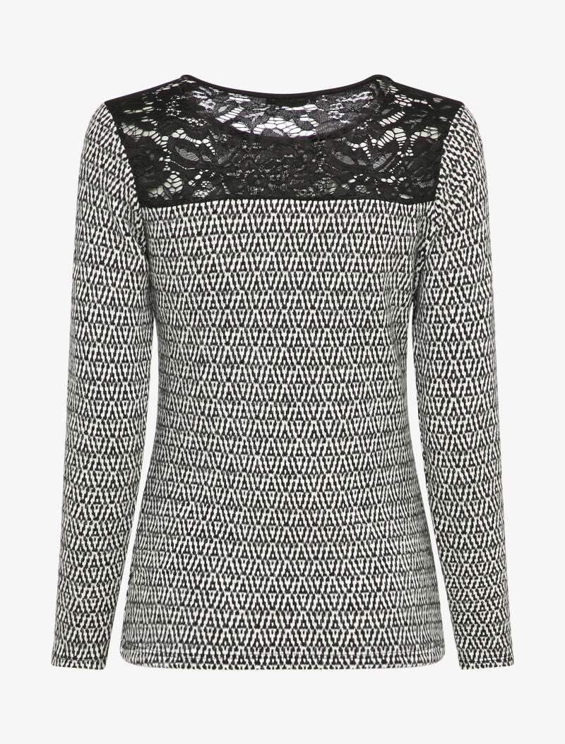 Pull à empiècement dentelle et motif géométrique - Noir/blanc - 2