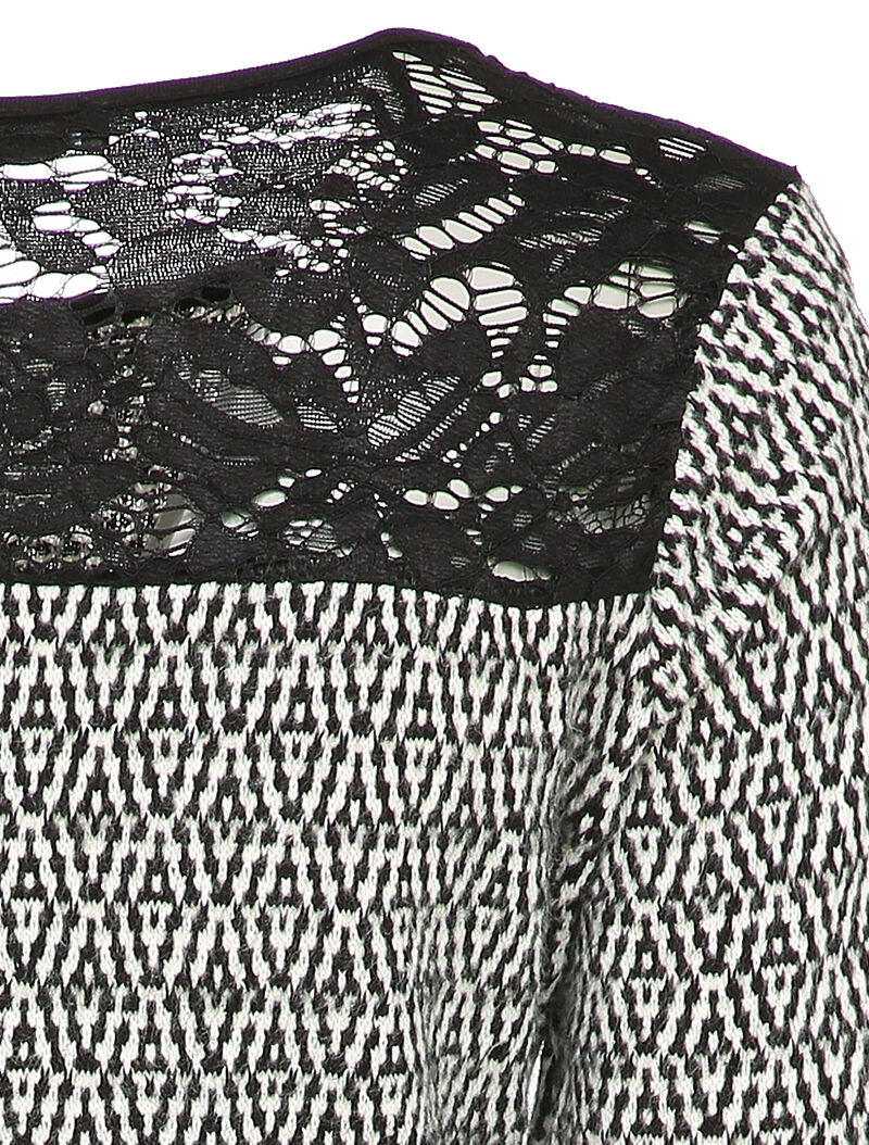 Pull à empiècement dentelle et motif géométrique - Noir/blanc - 3