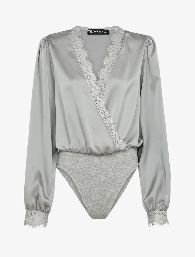 Body satiné à bords en dentelle - Gris - 1