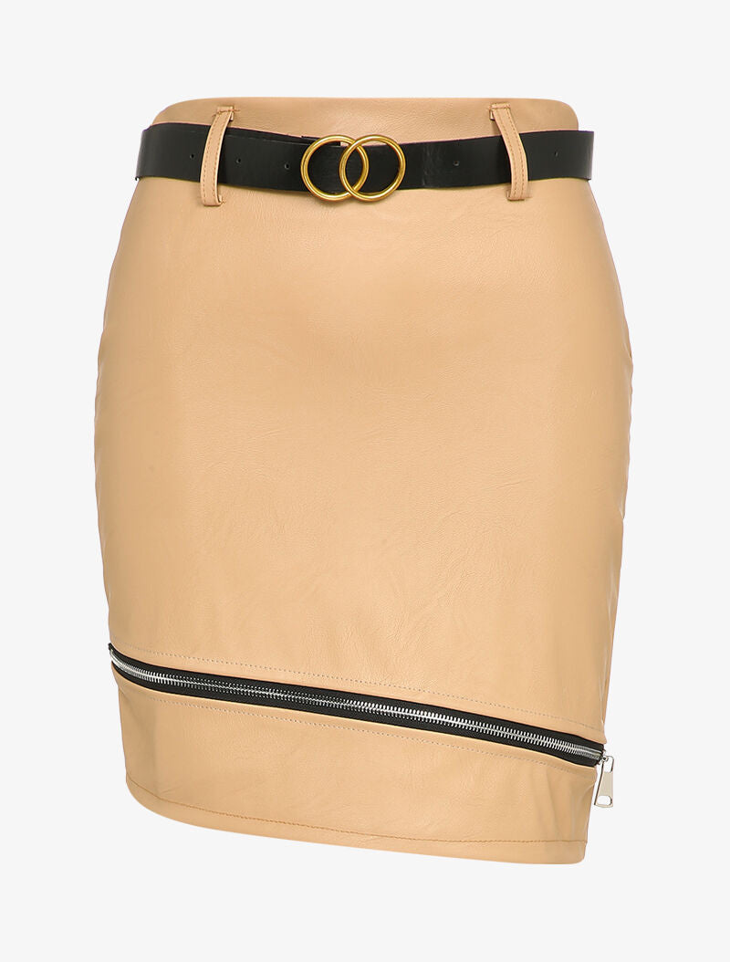 Mini-jupe en simili à bord zippé - Beige - 1