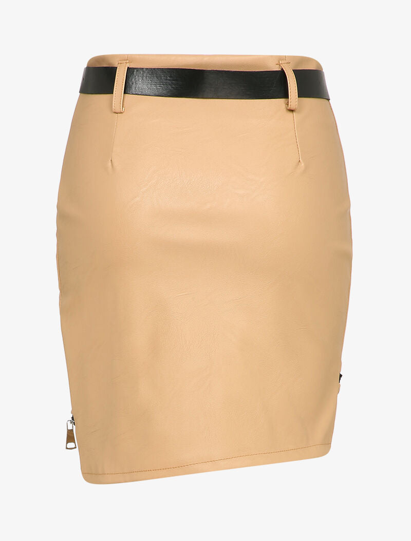 Mini-jupe en simili à bord zippé - Beige - 2