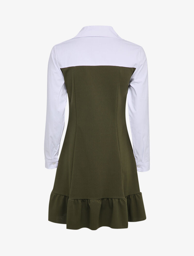 Robe volantée à empiècement chemise - Kaki - 2