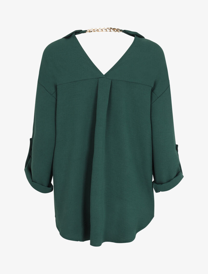 Chemise oversize avec chaîne à maillons dorés au dos - Vert - 2