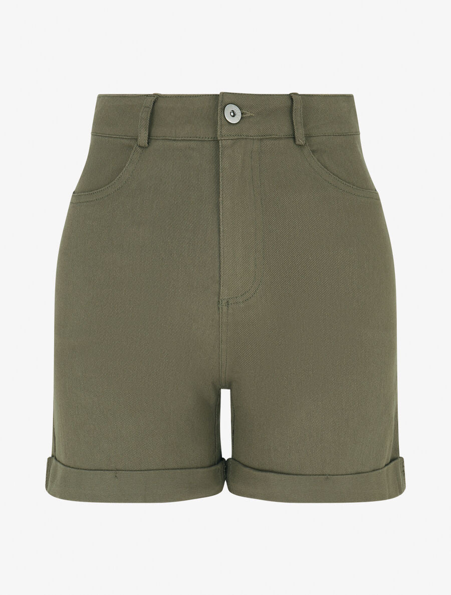 Short uni en jean à revers - Kaki - 1