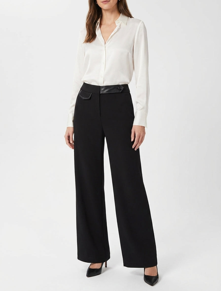 Pantalón ancho de talle alto con detalle de imitación. - Negro