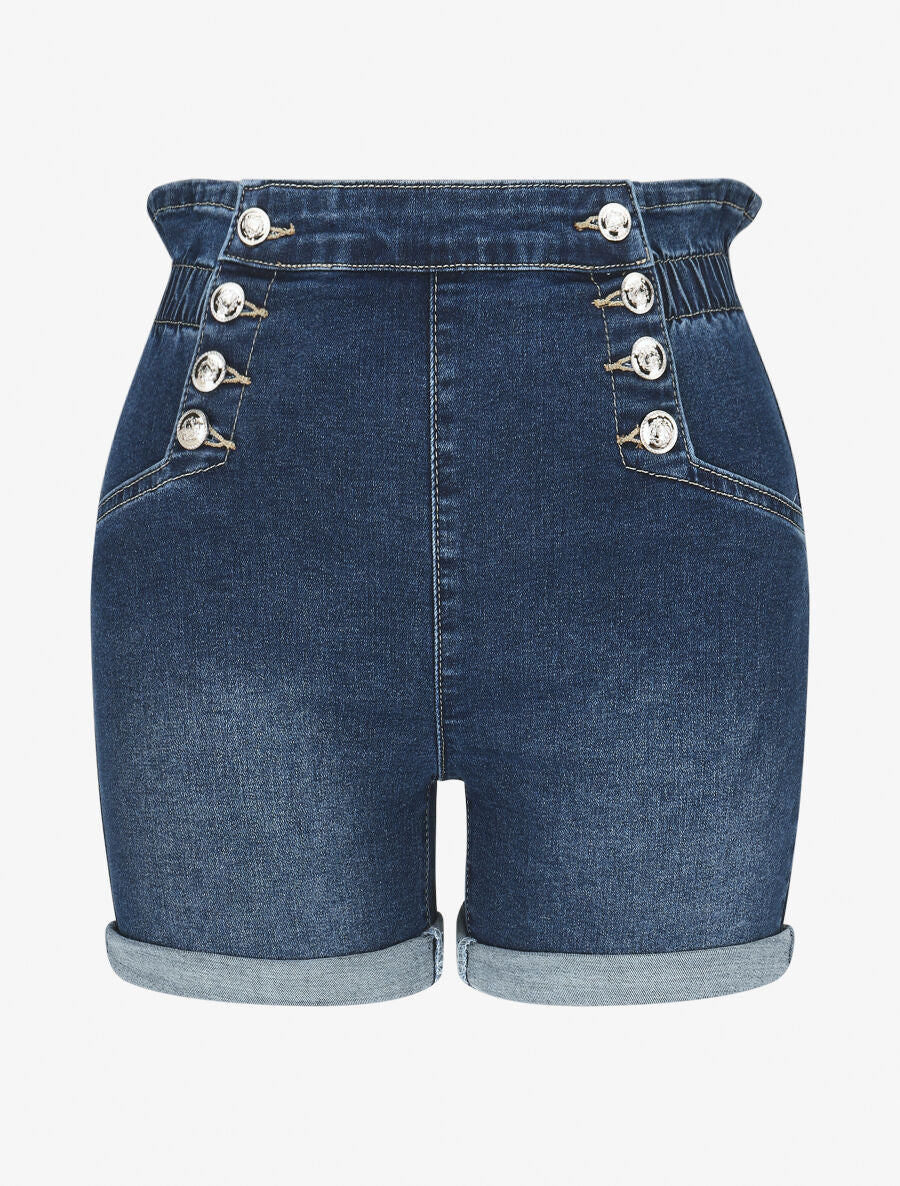 Short en jean à fermeture boutonnée - Bleu - 1