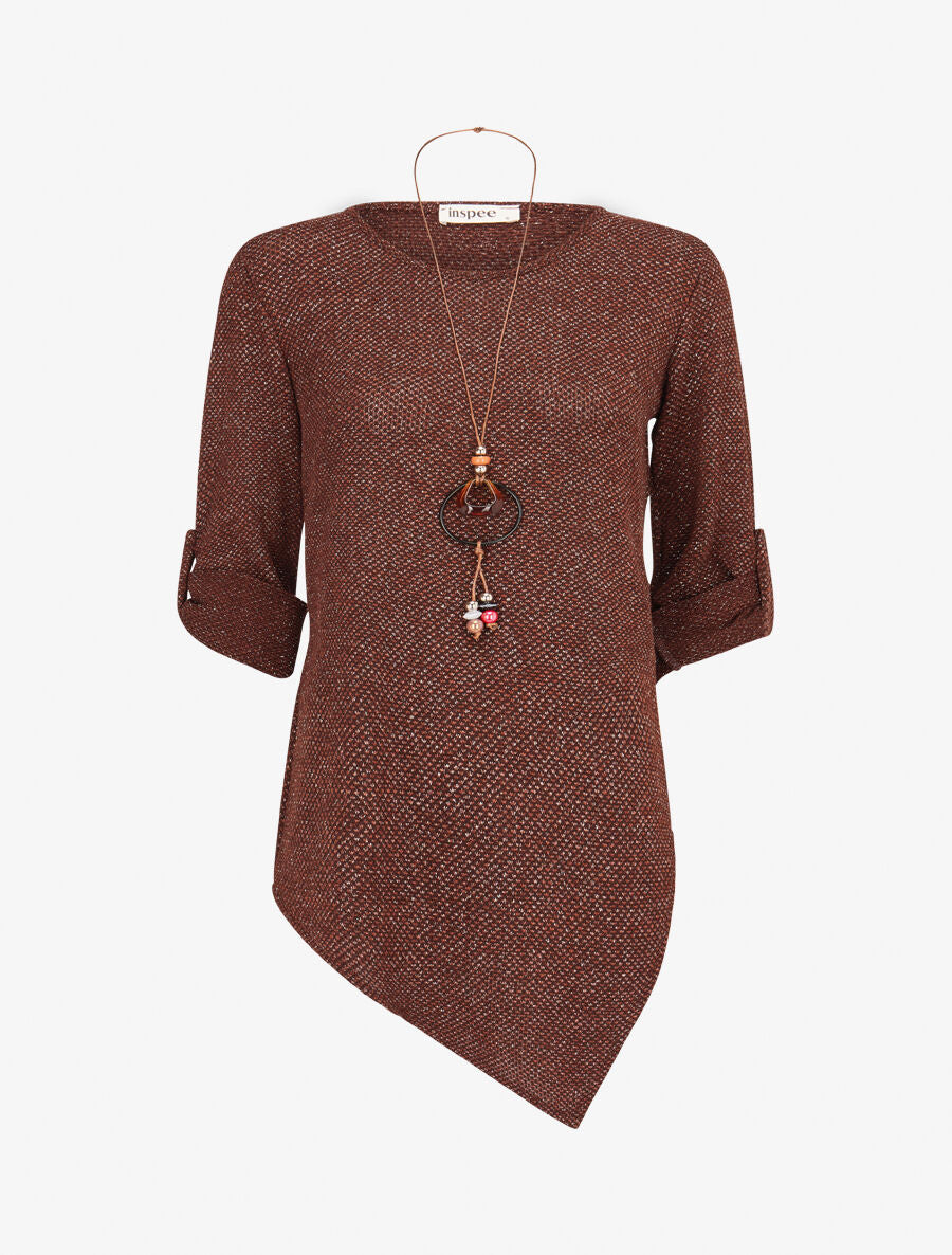 Pull long asymétrique et lamé - Marron - 1