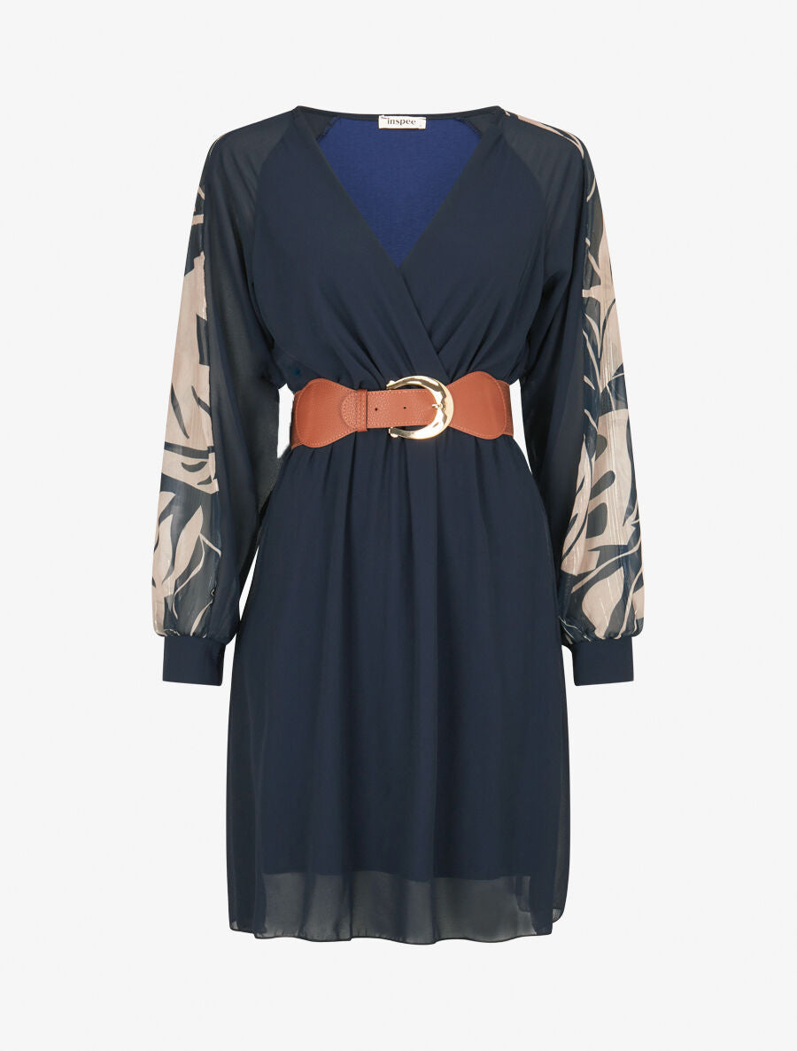 Robe patineuse à manches imprimées - Marine - 1