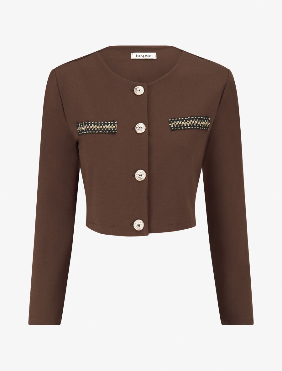 Veste courte empiécement brodé - Marron - 1