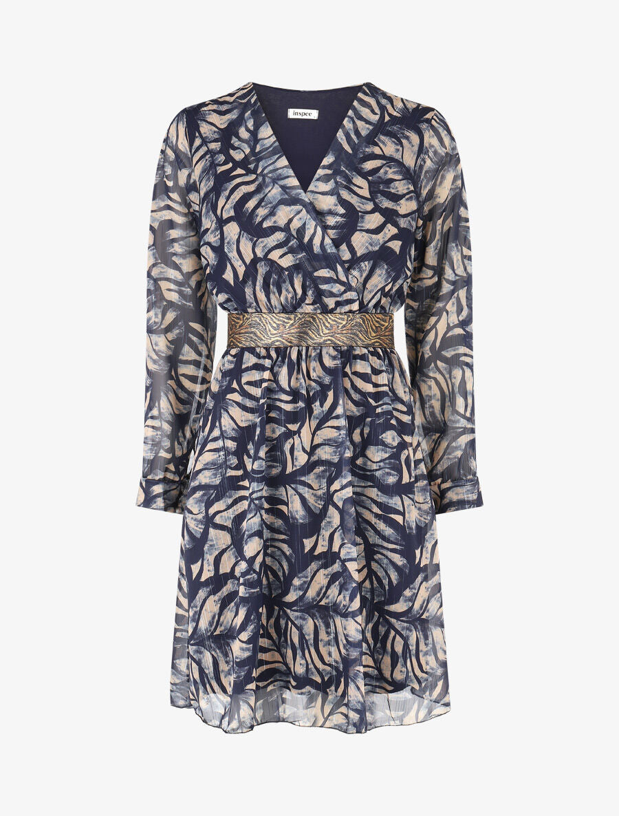 Robe fluide imprimé fleuri à taille stylisée - Marine - 1