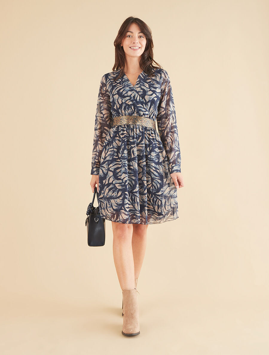 Robe fluide imprimé fleuri à taille stylisée - Marine - 4