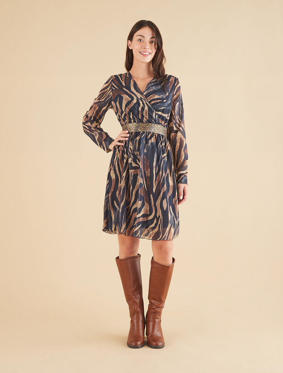 Robe fluide imprimé zébre à taille stylisée - Marine - 4