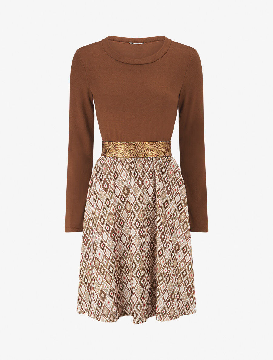 Robe imprimé losange et taille fantaisie - Camel - 4