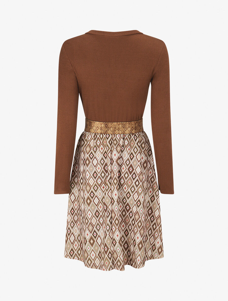 Robe imprimé losange et taille fantaisie - Camel - 2