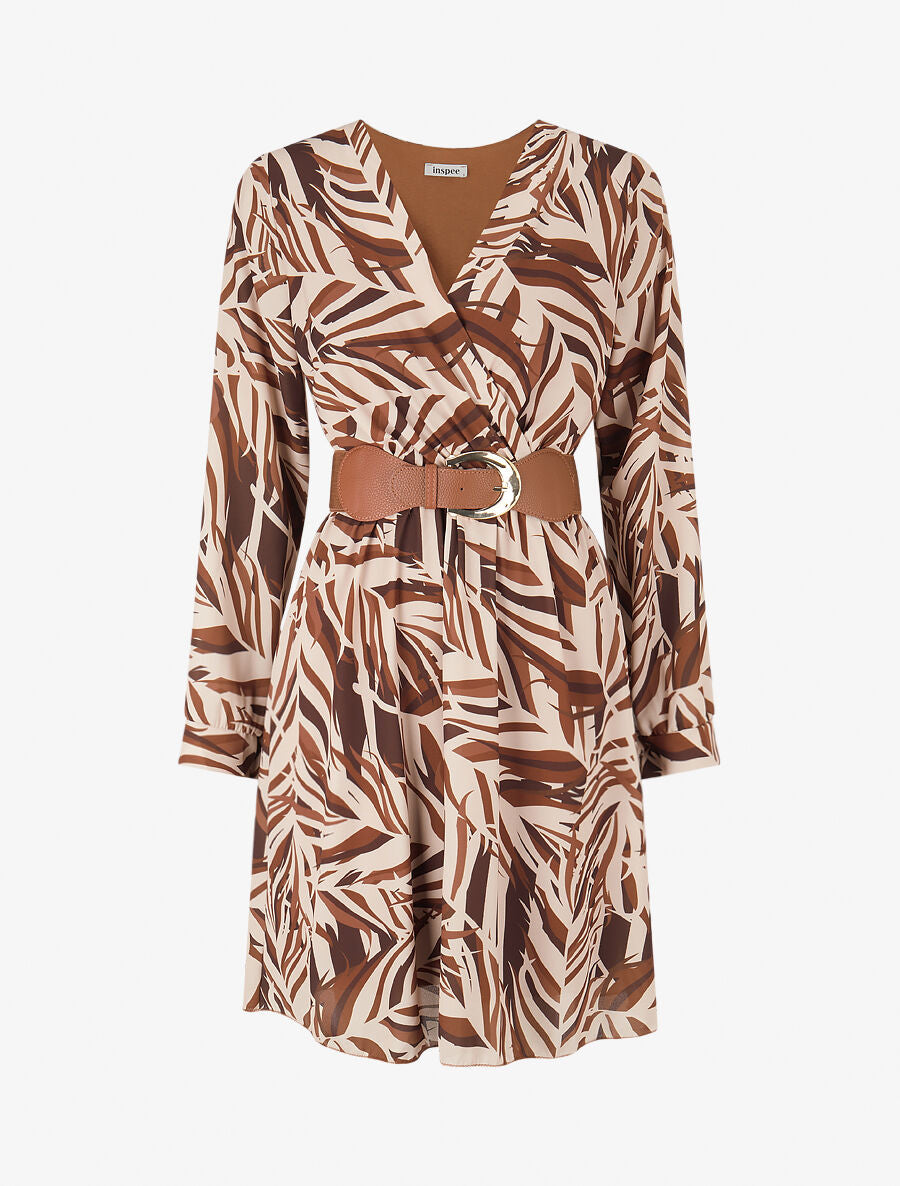Robe patineuse imprimé feuillage stylisé - Marron - 1