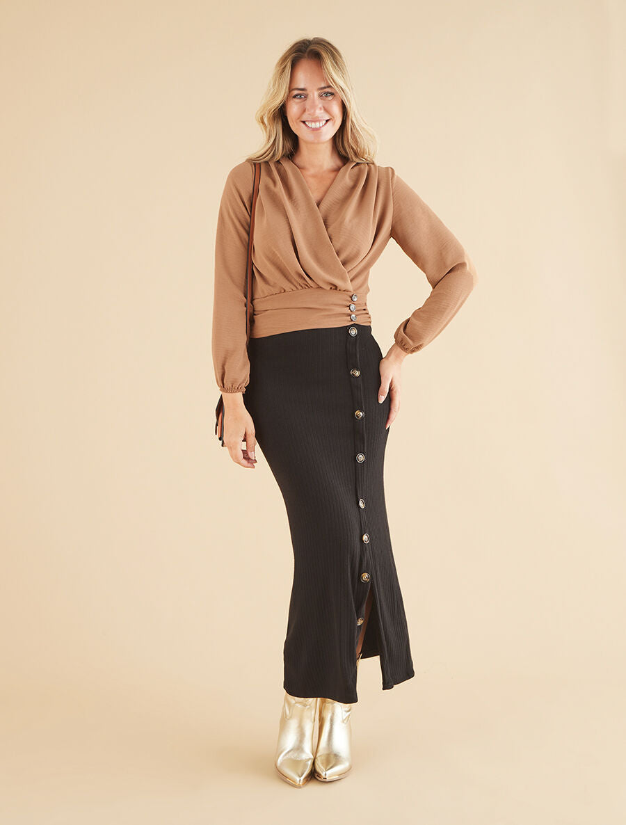 Jupe longue fendue en maille - Noir - 4