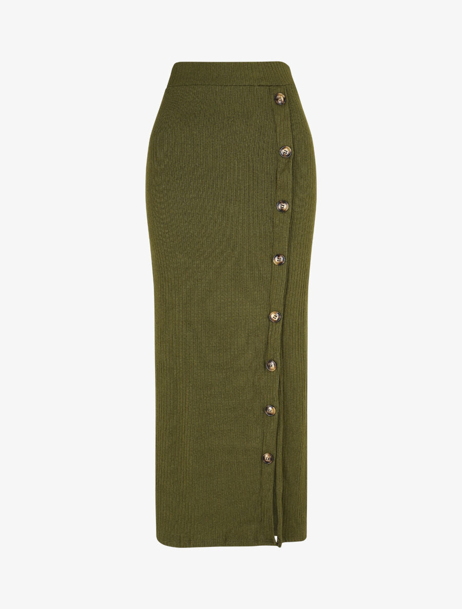 Jupe longue fendue en maille - Kaki - 4
