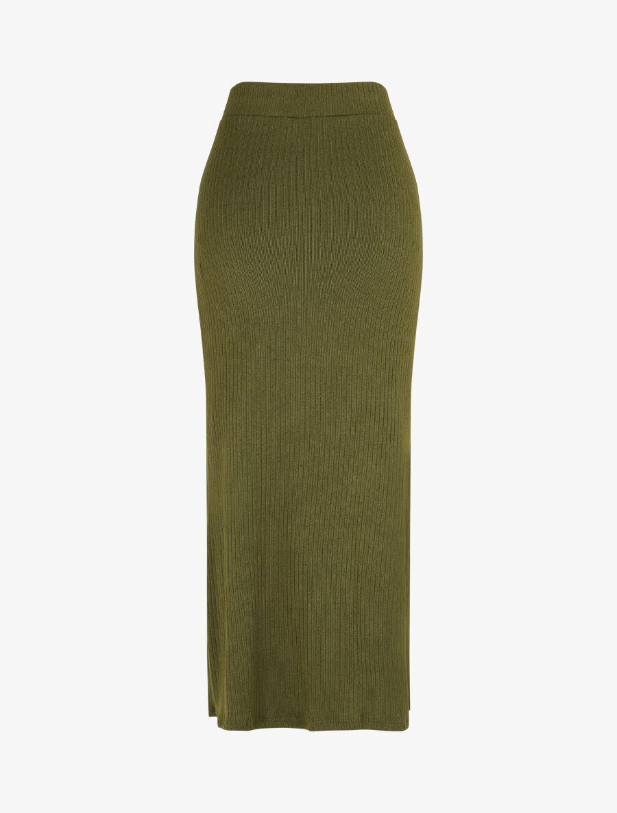 Jupe longue fendue en maille - Kaki - 2