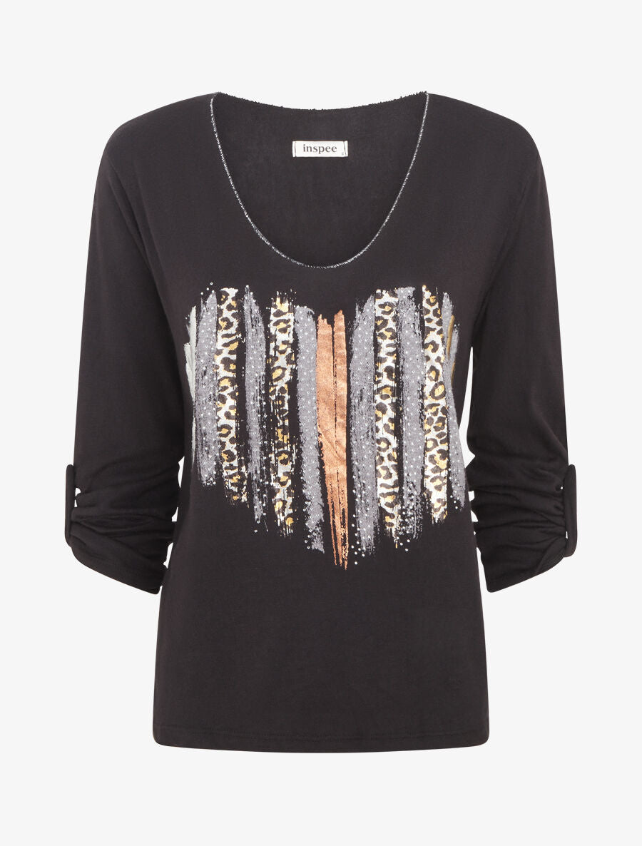 Pull fin à flocage coeur et strass - Noir - 1