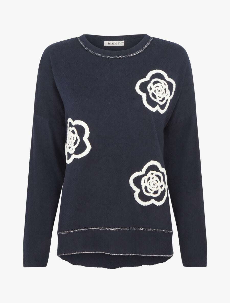 Pull fin uni à fleurs brodées - Marine - 1