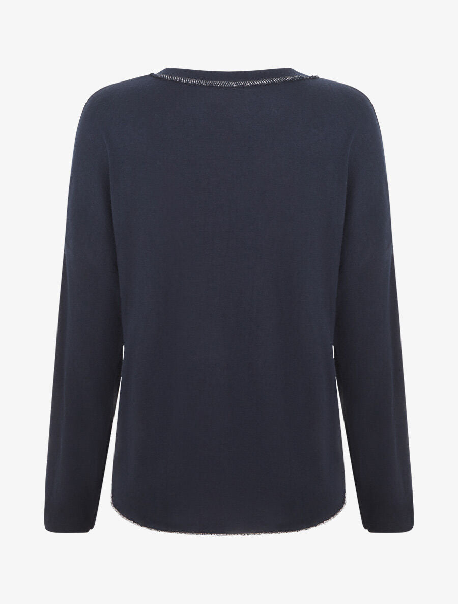 Pull fin uni à fleurs brodées - Marine - 2