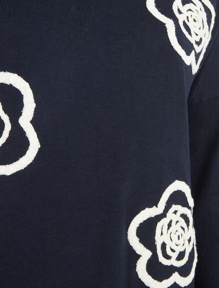 Pull fin uni à fleurs brodées - Marine - 3