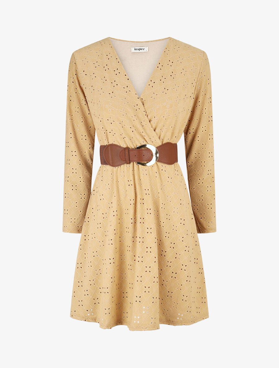 Robe unie élastiquée et ajourée - Camel - 4