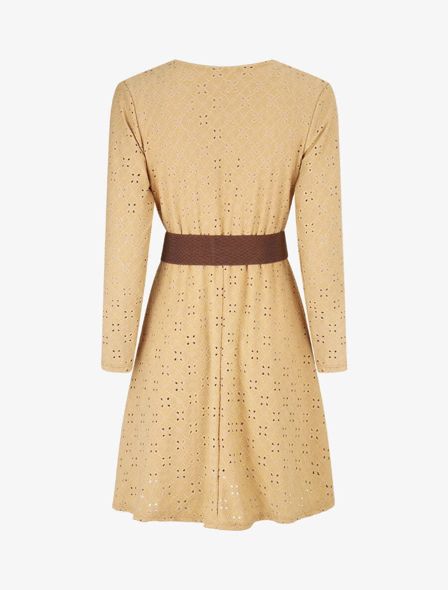 Robe unie élastiquée et ajourée - Camel - 2