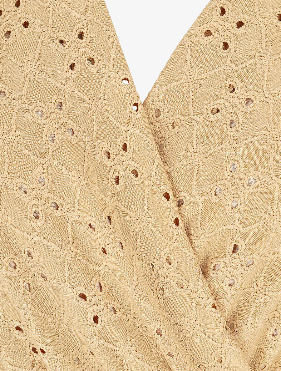 Robe unie élastiquée et ajourée - Camel - 3