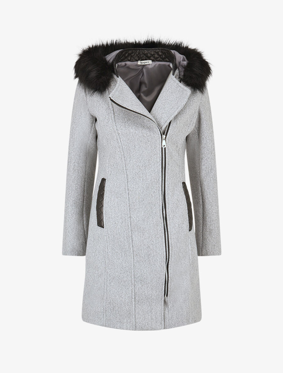 Manteau long à capuche et fourrure synthétique - Gris - 1