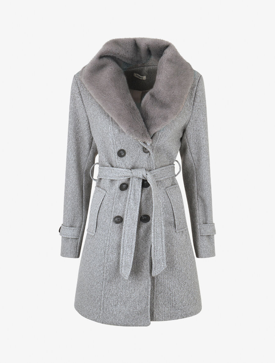 Manteau uni à col en fourrure synthétique - Gris - 1