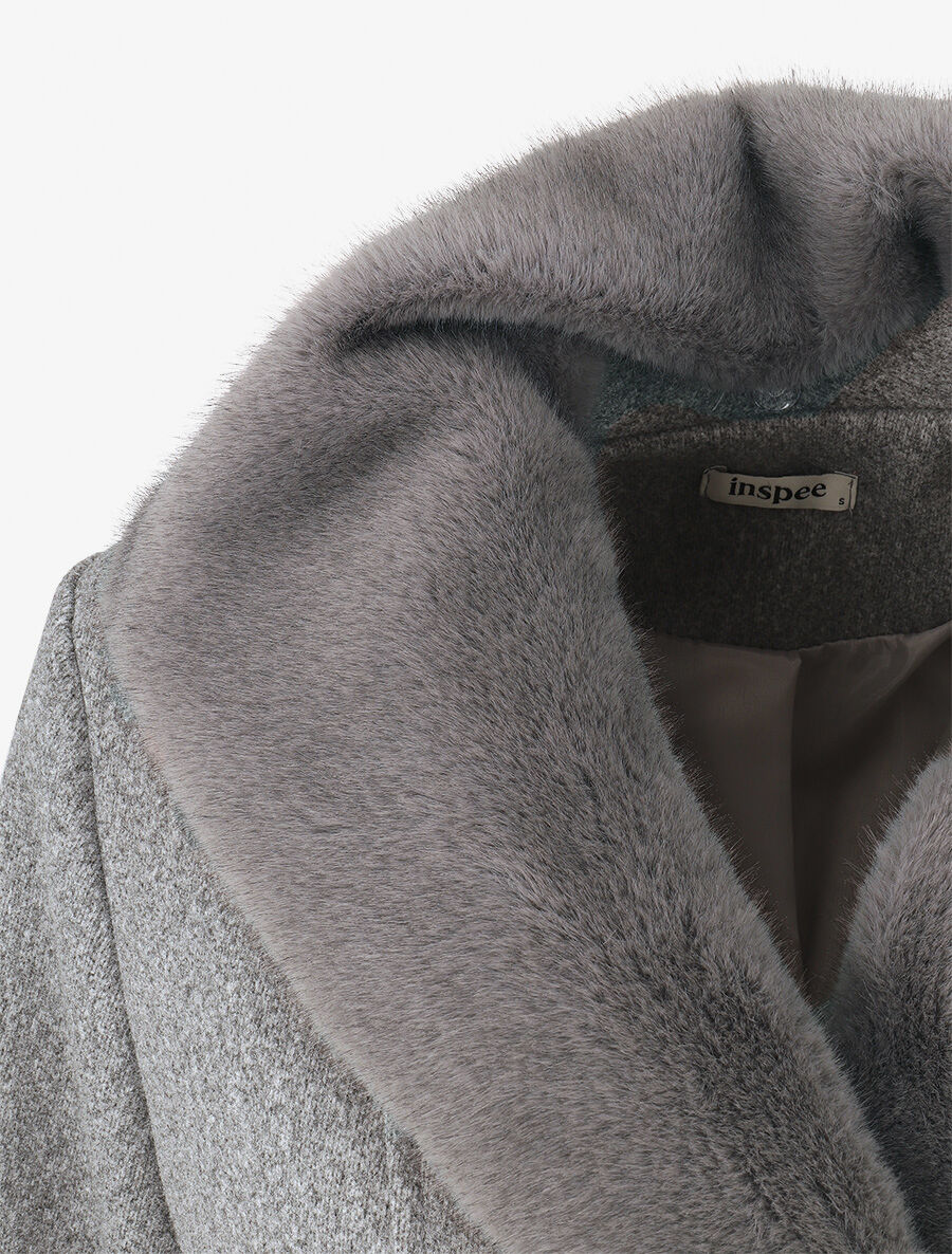 Manteau uni à col en fourrure synthétique - Gris - 3