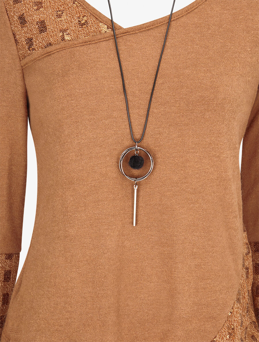 Pull fin à empiècement incrusté de sequins - Camel - 3