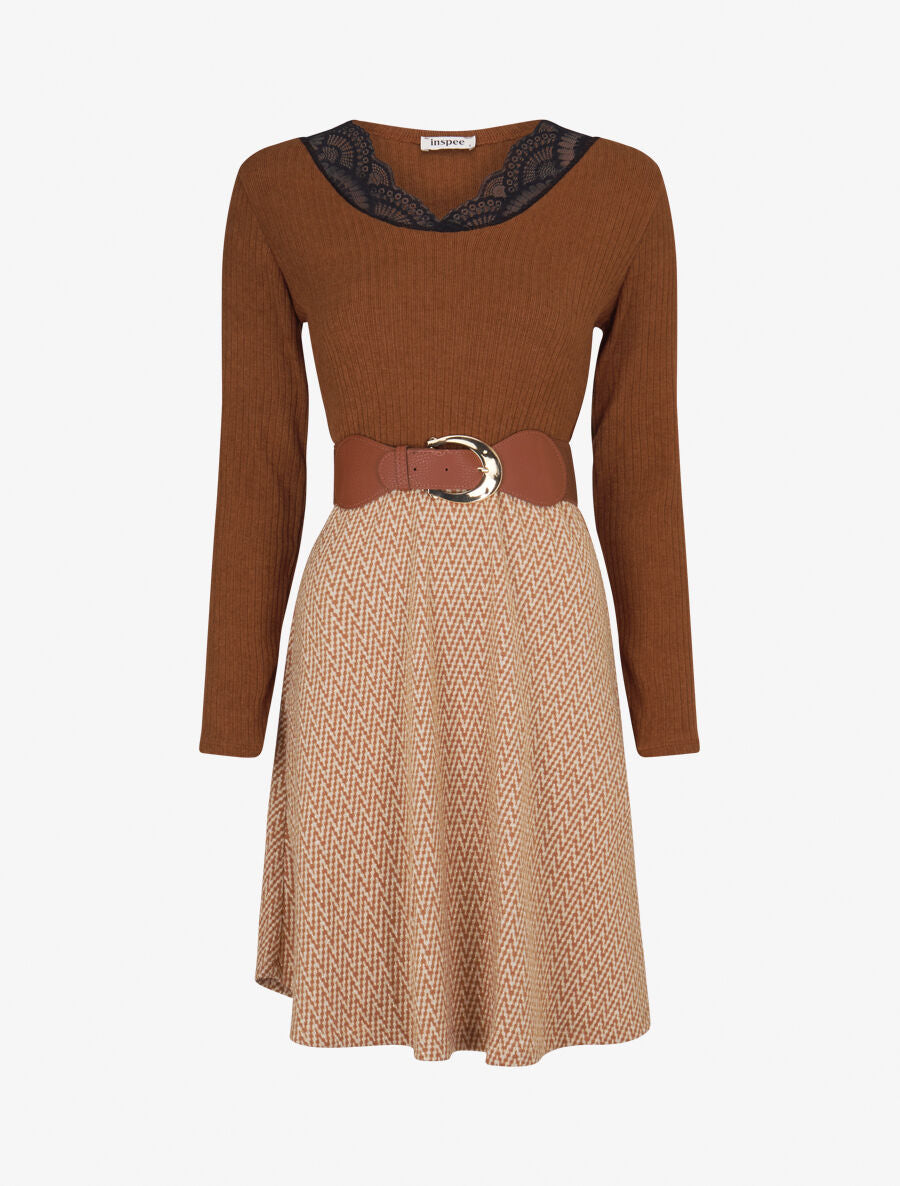 Robe patineuse à jupe irisée et imprimé zig-zag - Camel - 1