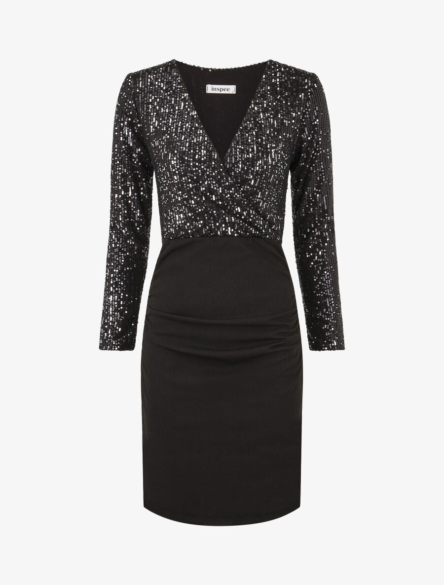 Robe bi-matière à buste orné de sequins - Noir - 5