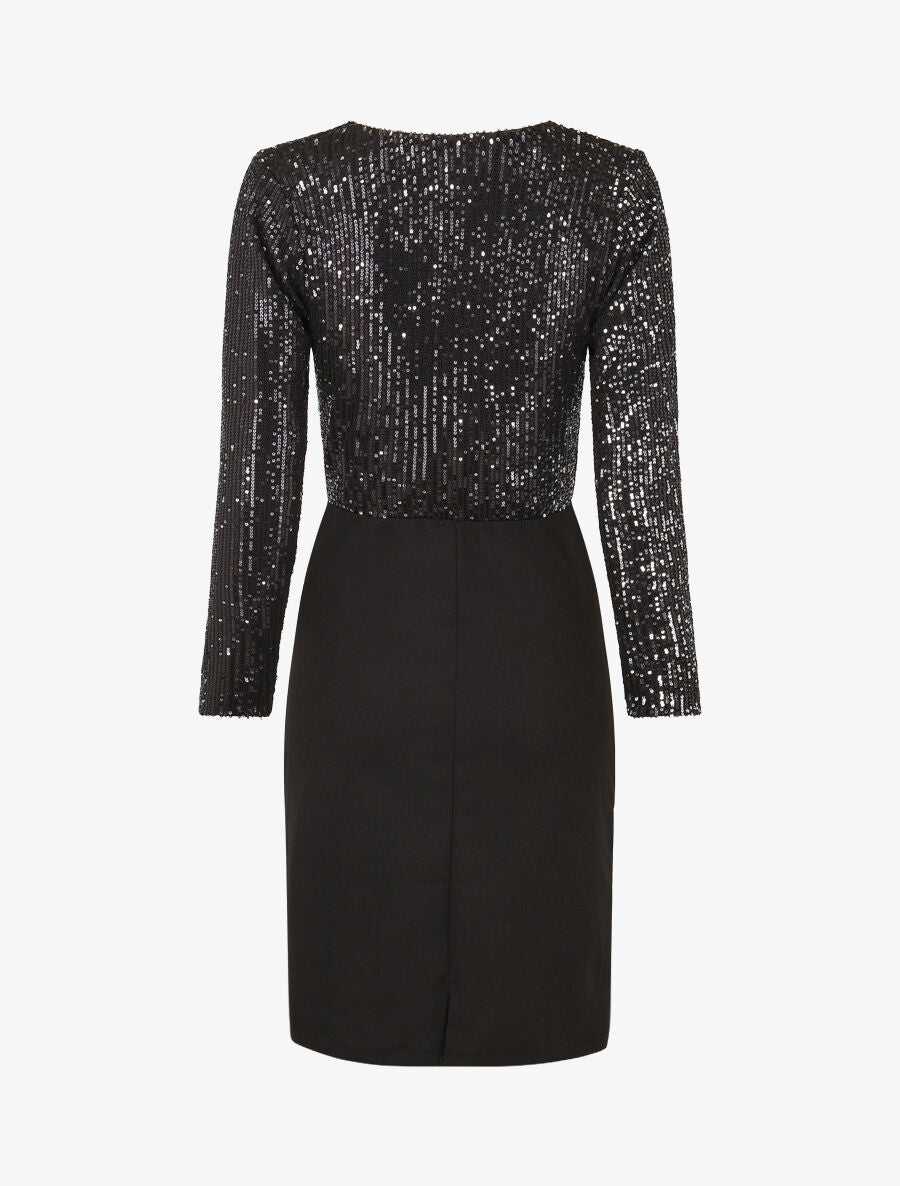 Robe bi-matière à buste orné de sequins - Noir - 2