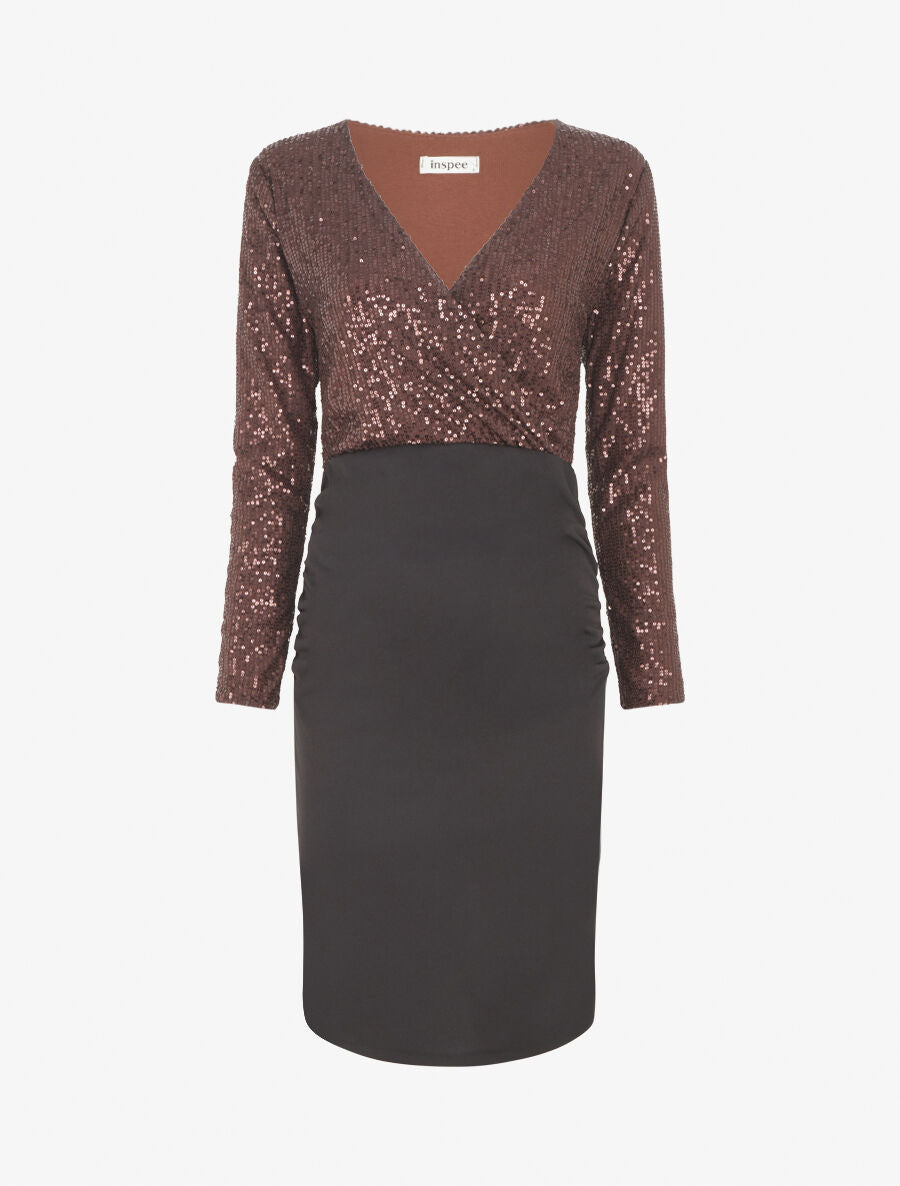 Robe bi-matière à buste orné de sequins - Marron - 4