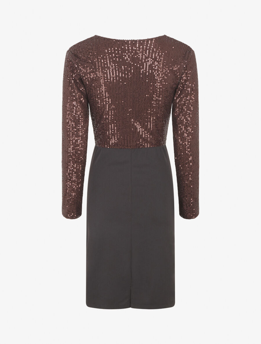Robe bi-matière à buste orné de sequins - Marron - 2