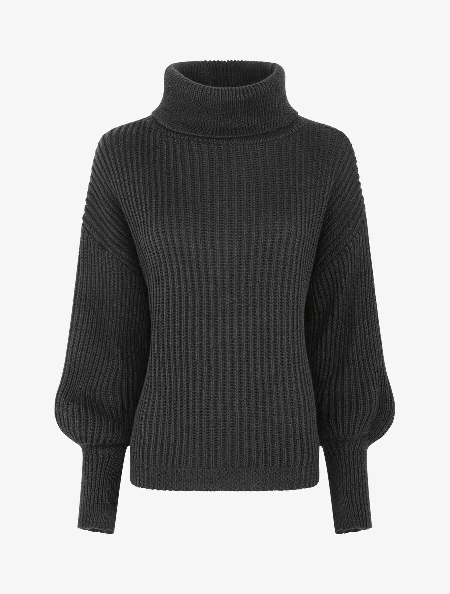Pull uni en maille à col roulé - Noir - 1